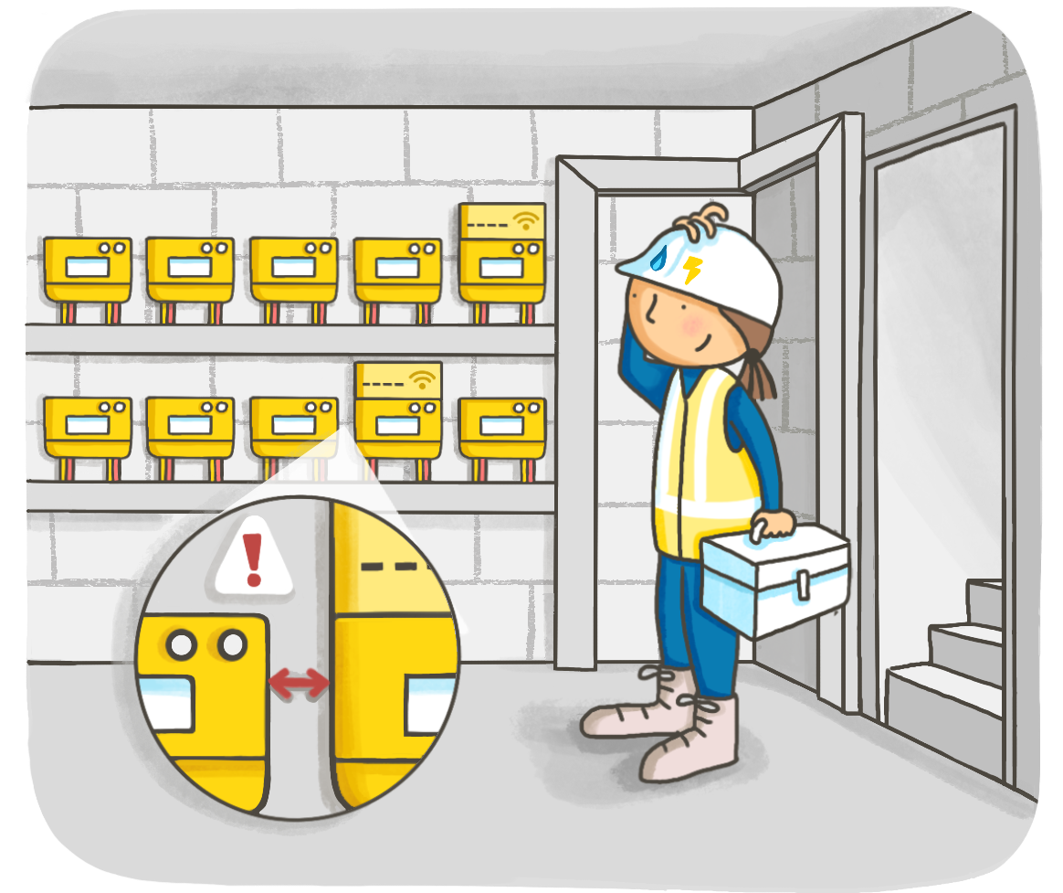 An engineer entering a crowded meter room
