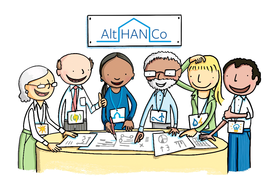 Illustration of a group of experts from different energy supply companies in the Alt HAN Forum working together on solutions together