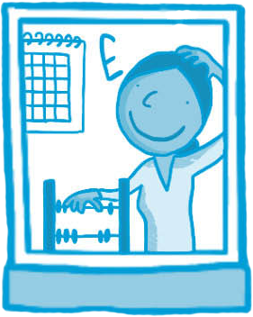 Illustration of a person looking at a calendar and calculating costs on an abacus