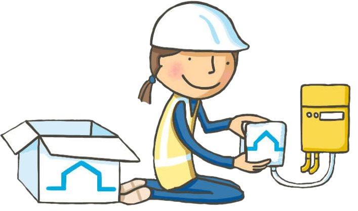 Illustration of a technician installing an Alt HAN CO branded range extender, connecting it to a smart meter