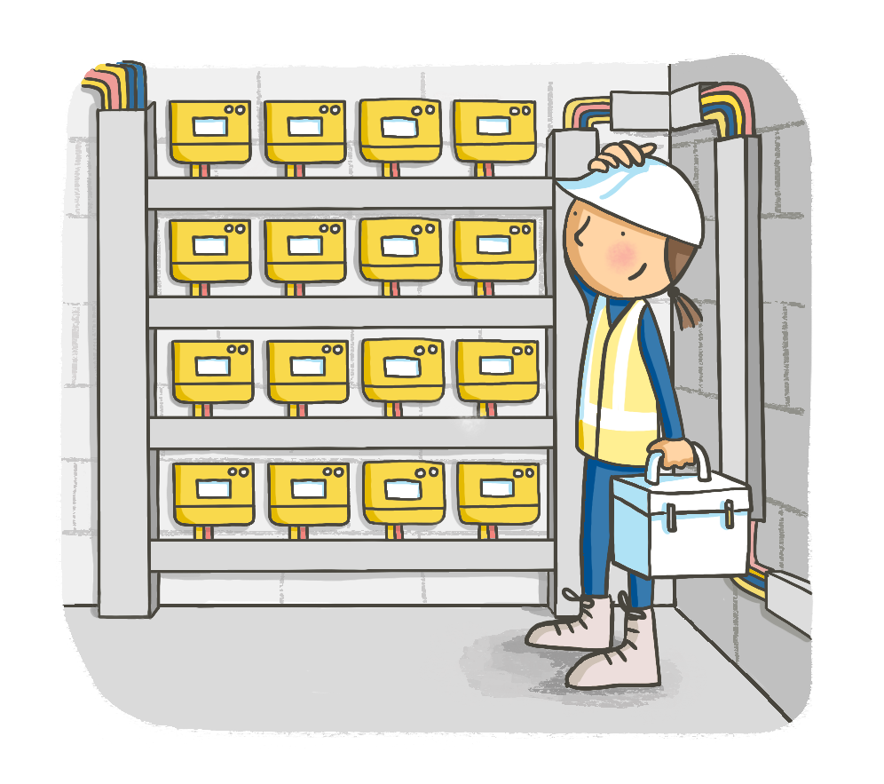 Illustration of an engineer looking at a meter room rack filled with meters