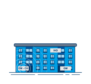 Illustration of a low-rise residential apartment building, with labels GM (Gas Meter) on the right side ground floor, EM-CH (Smart Electricity Meter & Communications Hub) at the other side of the building's ground floor, and IHD (In-Home Display) on the top floor